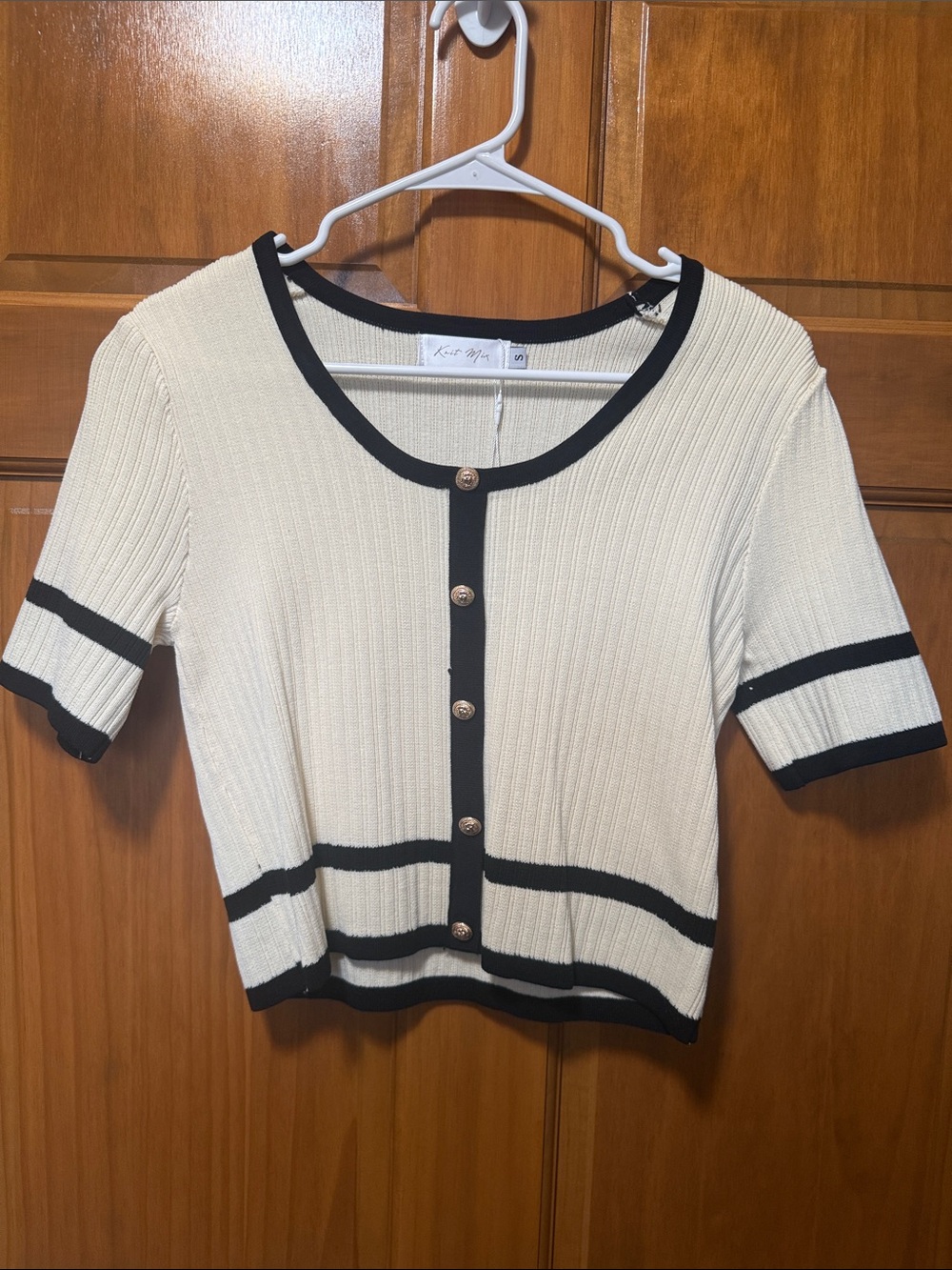 Knit Short Sleeve Cardigan - Cream with Black Trim